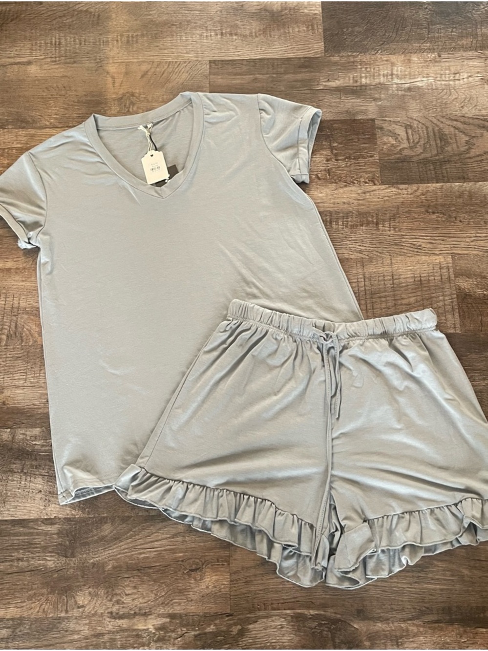 Doublju Light Gray V-Neck Short Sleeve Lounge Set with Ruffle Shorts
